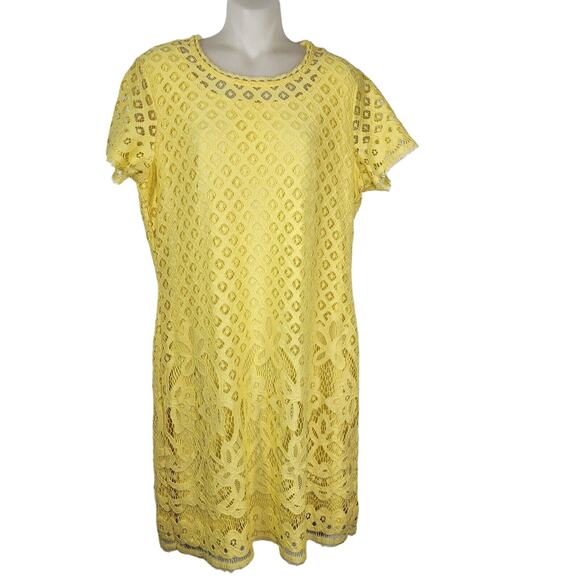 Isaac Mizrahi Live! Womens Dress Medium Stretch Lace Short Sleeve Shift Yellow - Picture 1 of 12